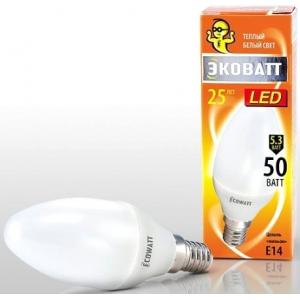 Лампа светодиодная B35 230 В 5.3 (50) Вт 2700K E14 теплый белый свет свеча ECOWATT 4606400419327