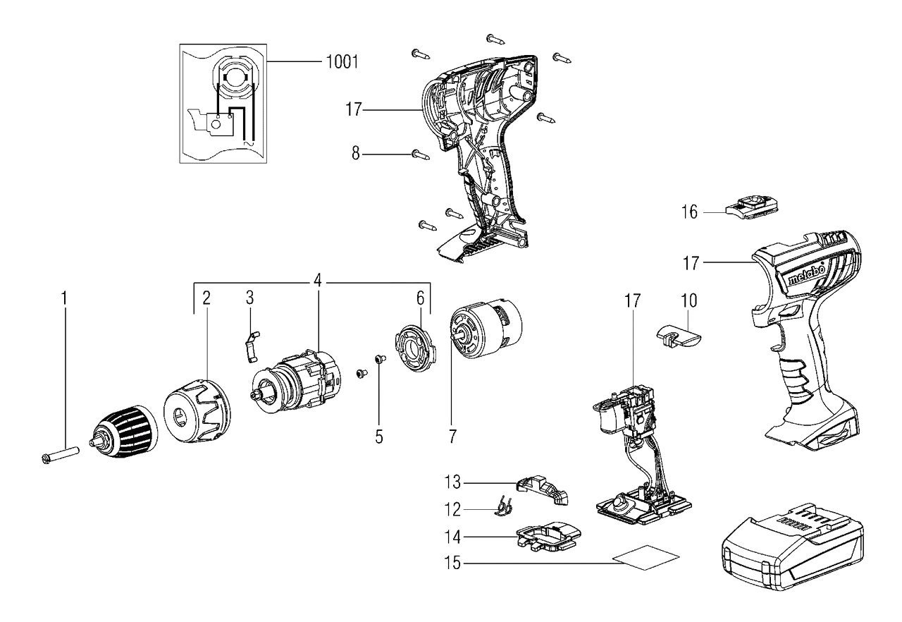 ЗАПЧАСТИ ДЛЯ ДРЕЛИ-ШУРУПОВЕРТА (ВИНТОВЕРТА) АККУМУЛЯТОРНОГО METABO BS 18 LI (6.02116.53) (ТИП 02116000)