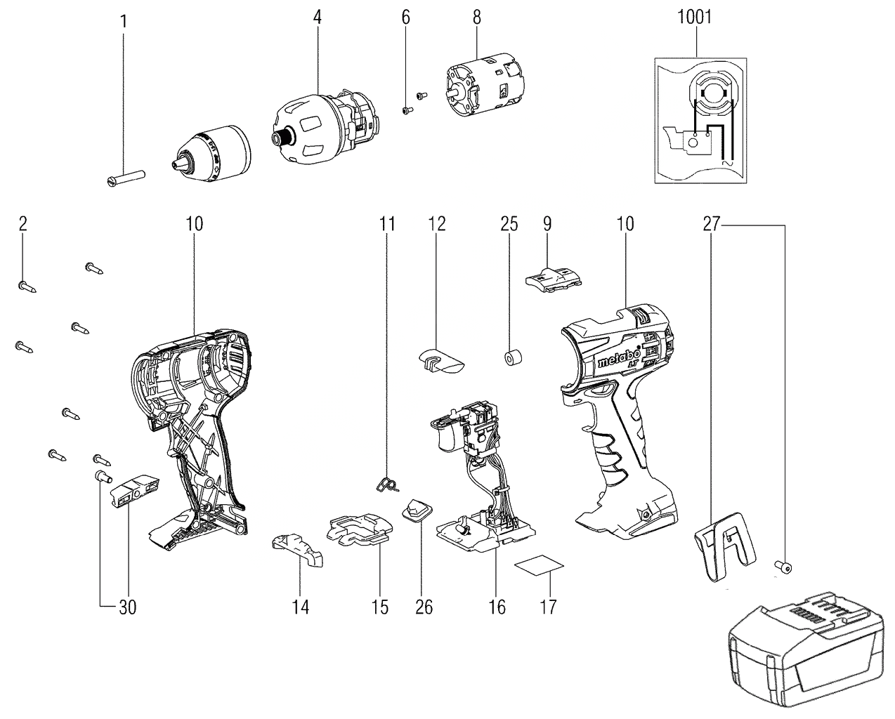 ЗАПЧАСТИ ДЛЯ ДРЕЛИ-ШУРУПОВЕРТА (ВИНТОВЕРТА) АККУМУЛЯТОРНОГО METABO BS 18 LT (ТИП 18133310)