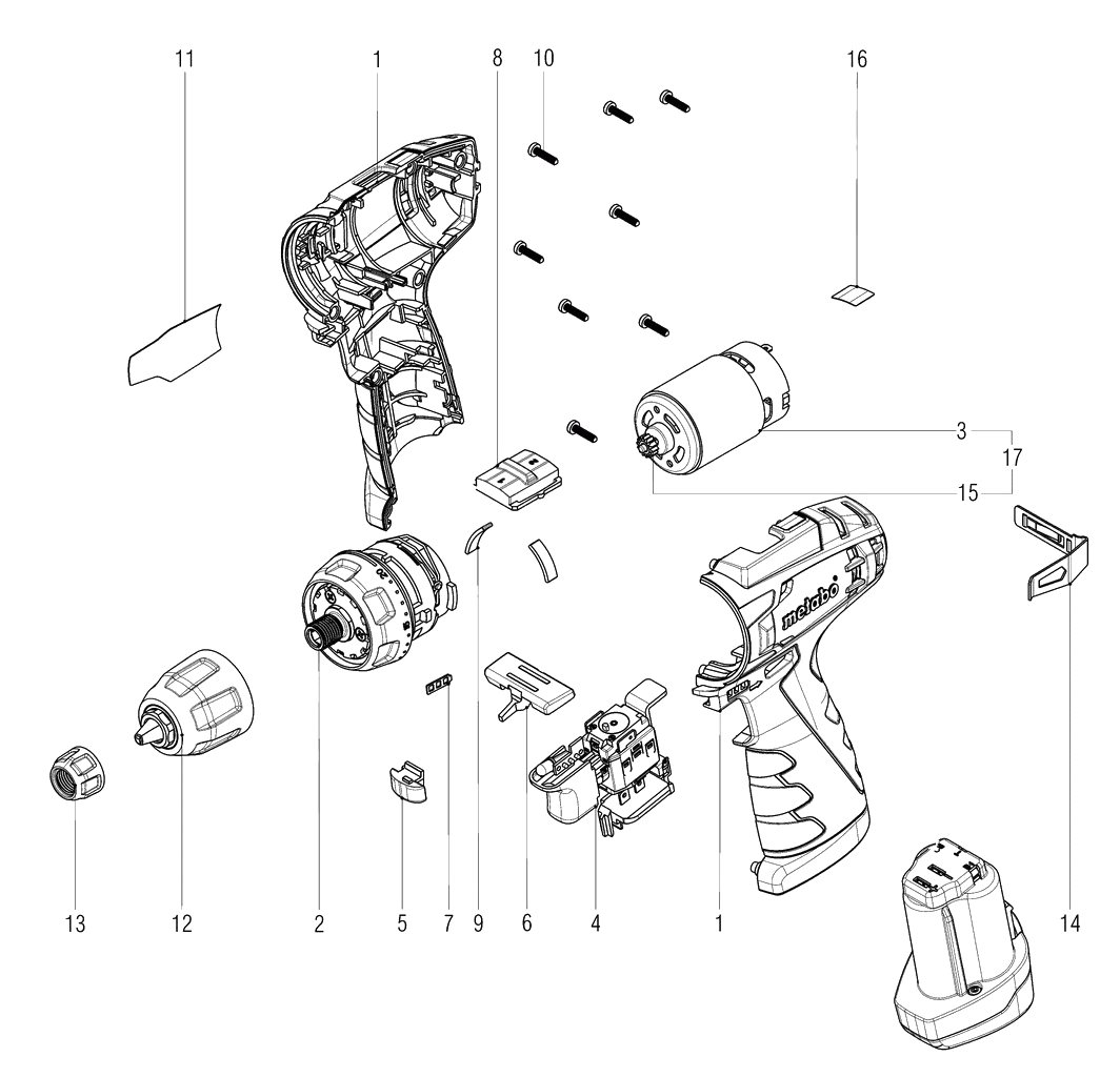 ЗАПЧАСТИ ДЛЯ ДРЕЛИ-ШУРУПОВЕРТА (ВИНТОВЕРТА) АККУМУЛЯТОРНОГО METABO POWERMAXX BS BASIC (ТИП 18139310)