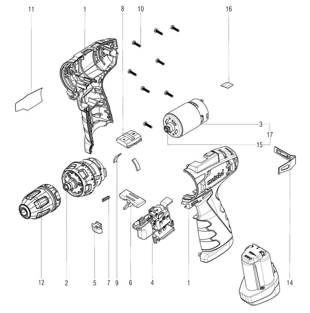ЗАПЧАСТИ ДЛЯ ДРЕЛИ-ШУРУПОВЕРТА (ВИНТОВЕРТА) АККУМУЛЯТОРНОГО METABO POWERMAXX BS QUICK PROFESSIONAL (ТИП 18137000)