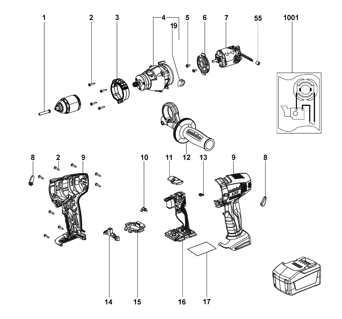 ЗАПЧАСТИ ДЛЯ ДРЕЛИ-ШУРУПОВЕРТА (ВИНТОВЕРТА) АККУМУЛЯТОРНОГО УДАРНОГО METABO SB 14.4 LTX IMPULS (ТИП 02146001)
