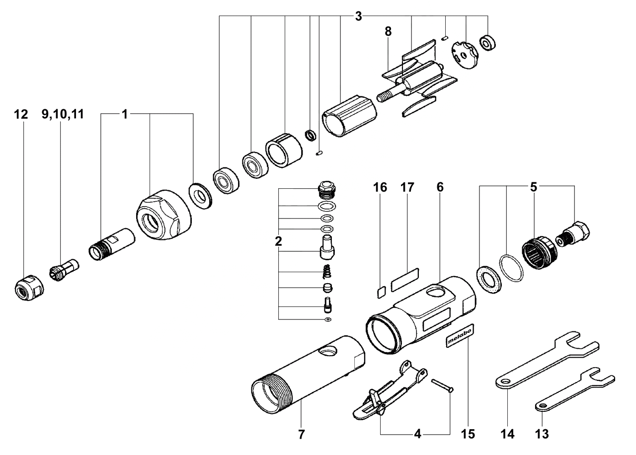 ЗАПЧАСТИ ДЛЯ МАШИНЫ ПНЕВМАТИЧЕСКОЙ ПРЯМОШЛИФОВАЛЬНОЙ METABO DG 25 SET (6.04116.50) (ТИП 04116000)