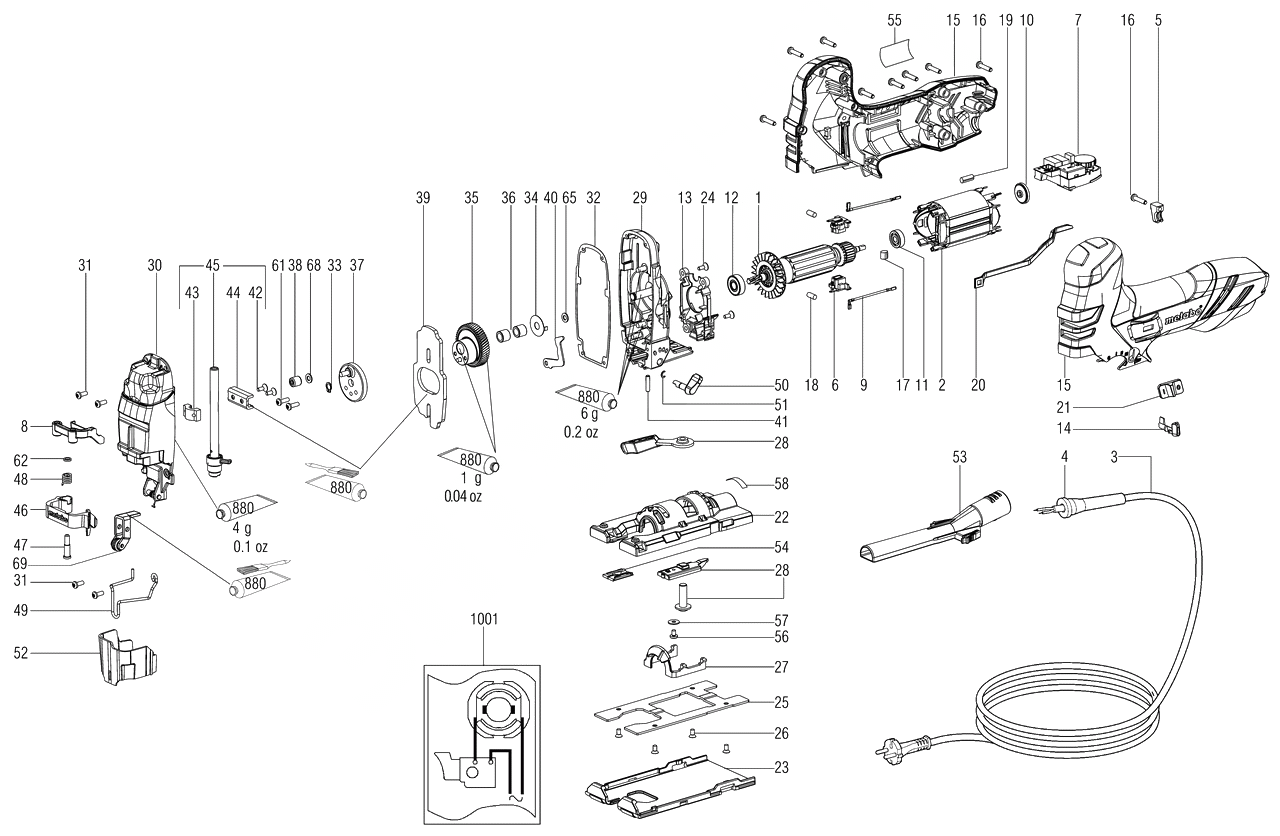 ЗАПЧАСТИ ДЛЯ ЛОБЗИКА ЭЛЕКТРИЧЕСКОГО METABO STE 140 PLUS (6.01403.70) (ТИП 01403001)