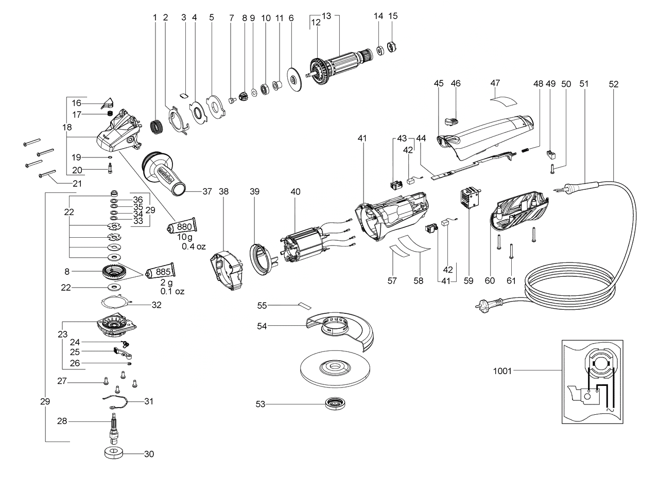 ЗАПЧАСТИ ДЛЯ МАШИНЫ ЭЛЕКТРИЧЕСКОЙ ШЛИФОВАЛЬНОЙ УГЛОВОЙ METABO WBA 11-125 QUICK (ТИП 01103000)