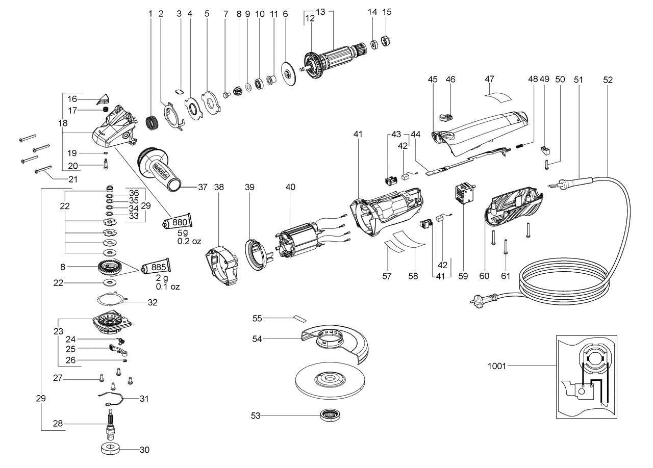 ЗАПЧАСТИ ДЛЯ МАШИНЫ ЭЛЕКТРИЧЕСКОЙ ШЛИФОВАЛЬНОЙ УГЛОВОЙ METABO WBA 11-150 QUICK (ТИП 01104000)