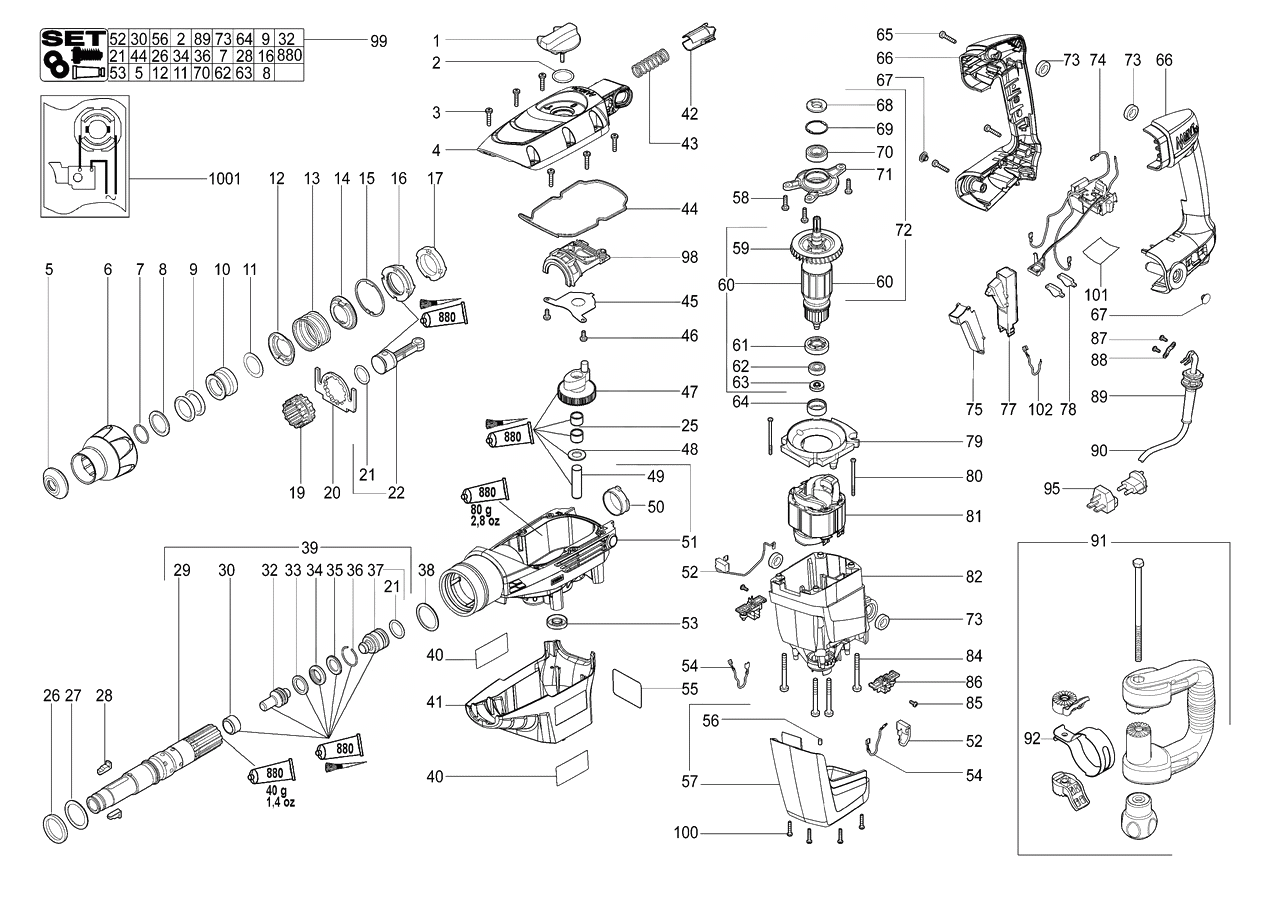 ЗАПЧАСТИ ДЛЯ МОЛОТКА ЭЛЕКТРИЧЕСКОГО ОТБОЙНОГО METABO MHE 56 (ТИП 00366000)