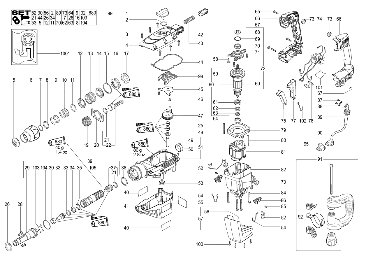 ЗАПЧАСТИ ДЛЯ МОЛОТКА ЭЛЕКТРИЧЕСКОГО ОТБОЙНОГО METABO MHE 56 (ТИП 00366001)