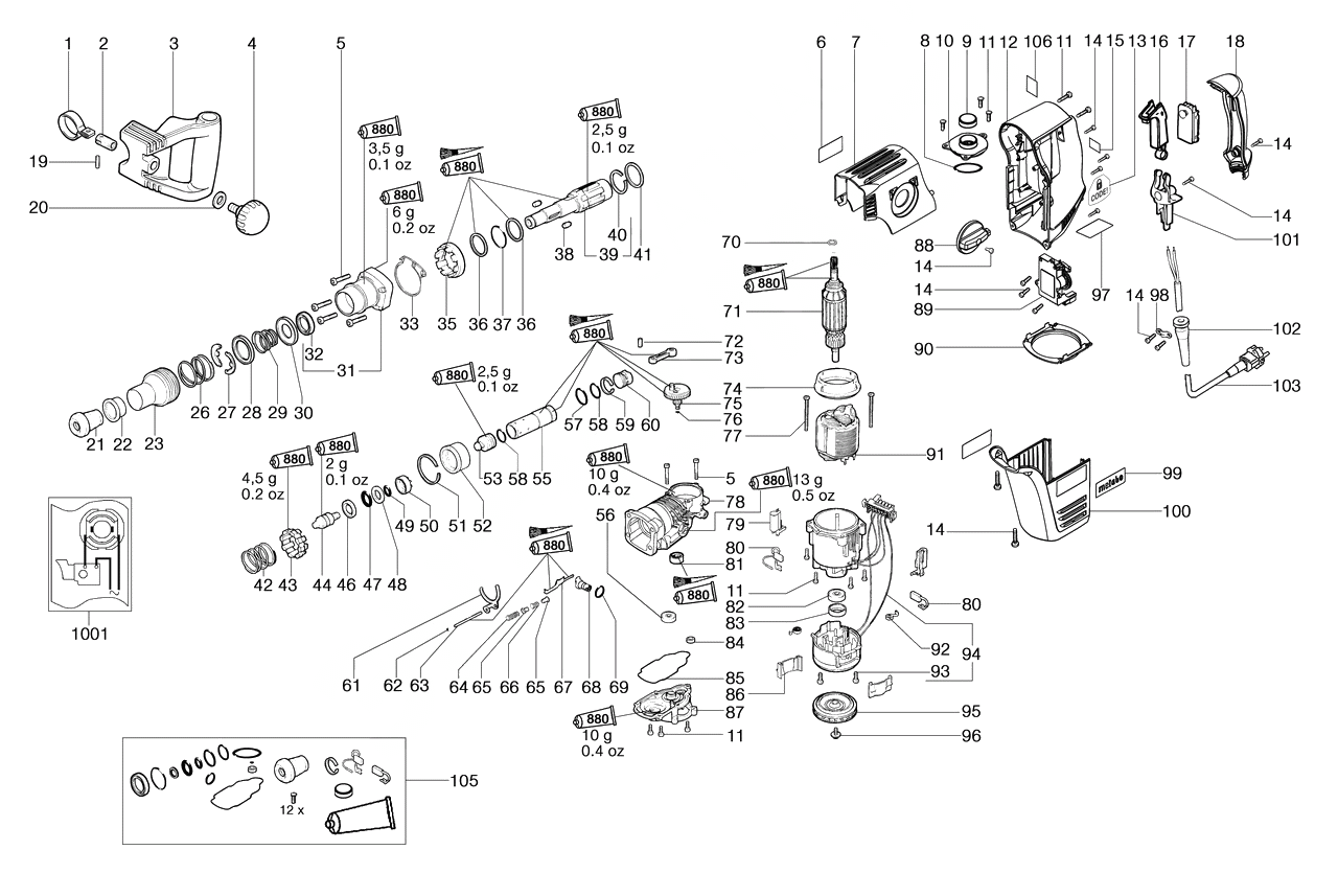 ЗАПЧАСТИ ДЛЯ МОЛОТКА ЭЛЕКТРИЧЕСКОГО ОТБОЙНОГО METABO MHE 65 (ТИП 00265000)