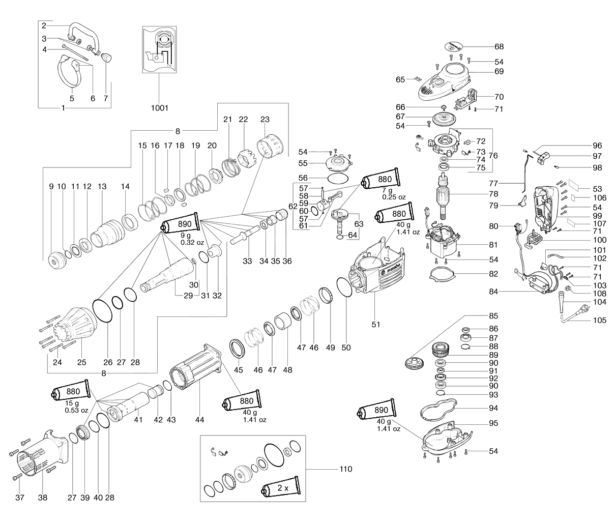 ЗАПЧАСТИ ДЛЯ МОЛОТКА ЭЛЕКТРИЧЕСКОГО ОТБОЙНОГО METABO MHE 95 (ТИП 00095000)