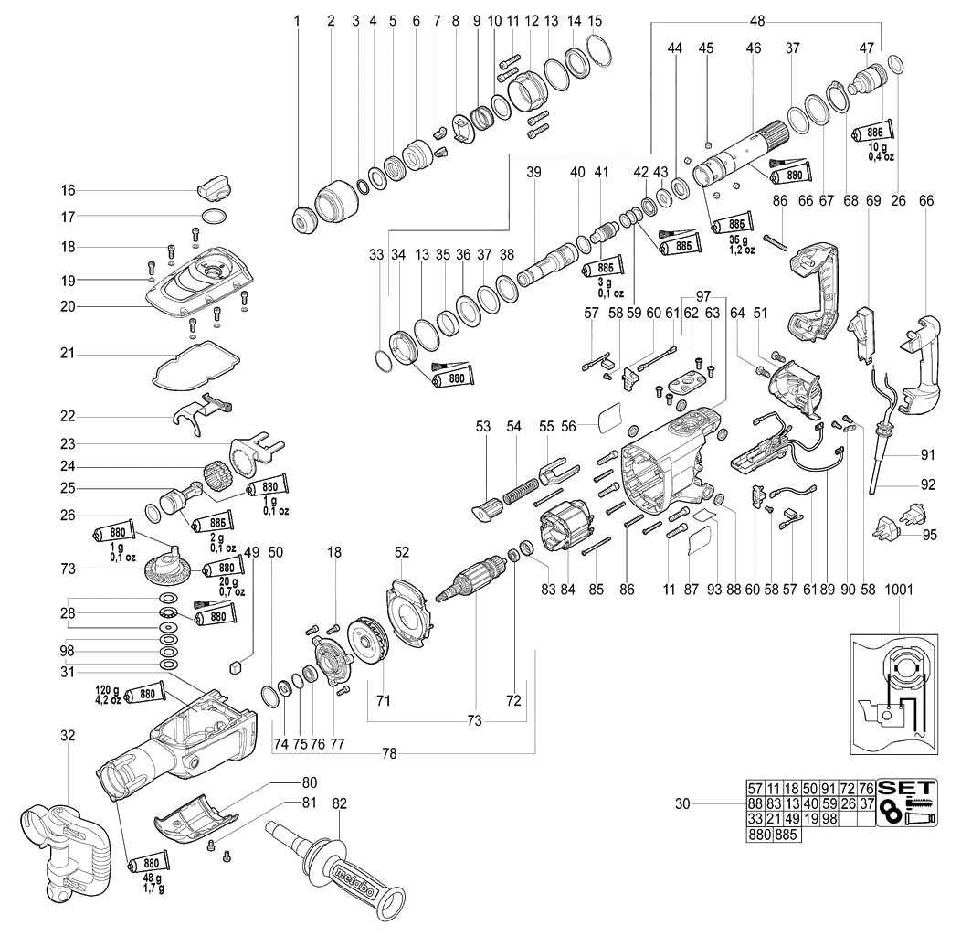 ЗАПЧАСТИ ДЛЯ МОЛОТКА ЭЛЕКТРИЧЕСКОГО ОТБОЙНОГО METABO MHE 96 (6.00396.00) (ТИП 00396000)