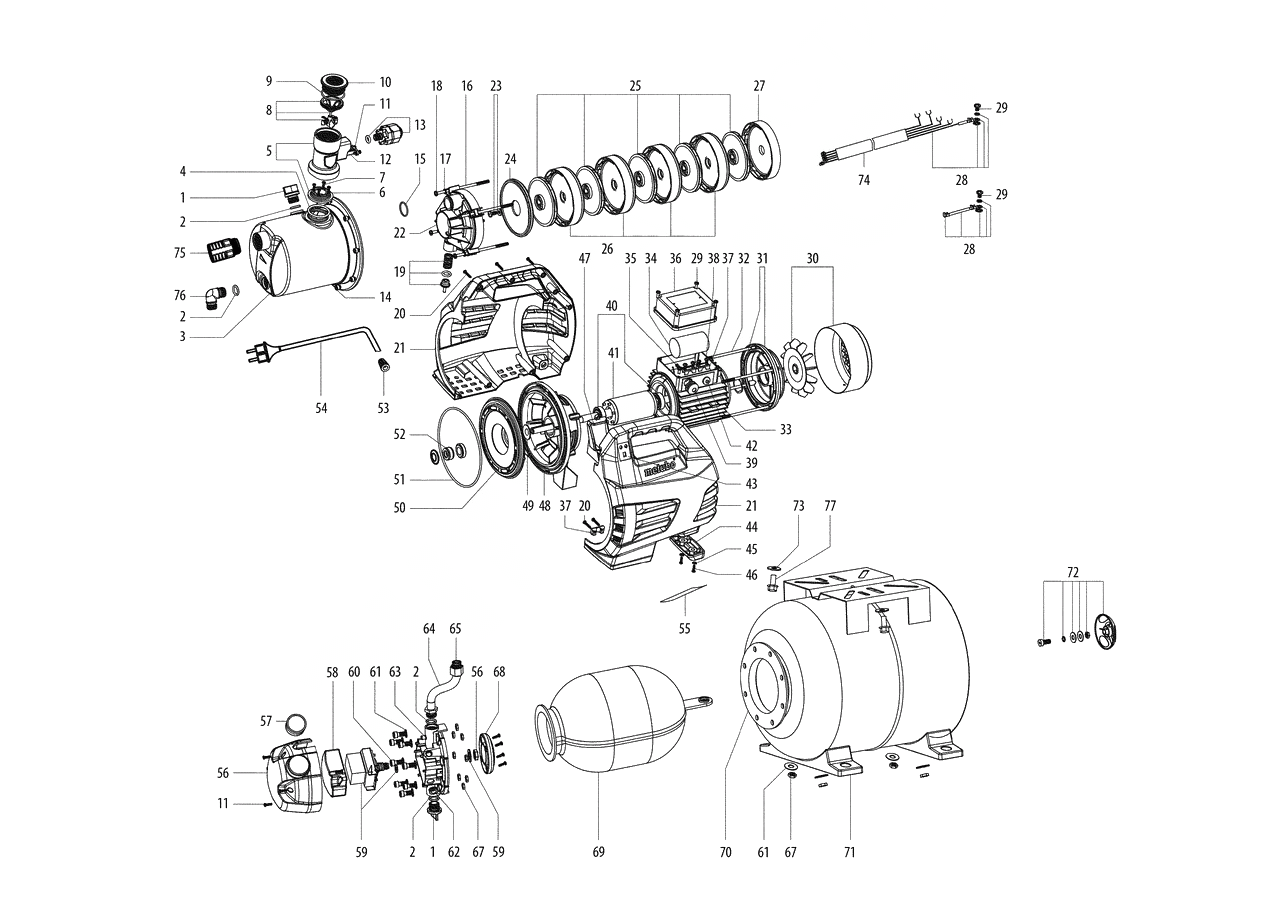 ЗАПЧАСТИ ДЛЯ НАСОСНОЙ СТАНЦИИ METABO HWW 6000/50 INOX (6.00976.00) (ТИП 00976000)