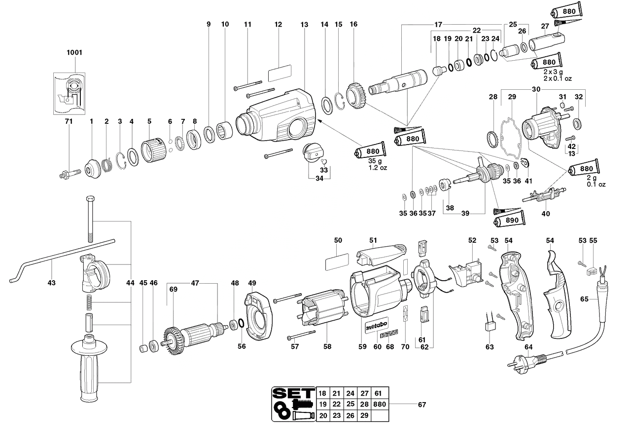 ЗАПЧАСТИ ДЛЯ ПЕРФОРАТОРА ЭЛЕКТРИЧЕСКОГО METABO BHE 20 SP (ТИП 00254000)