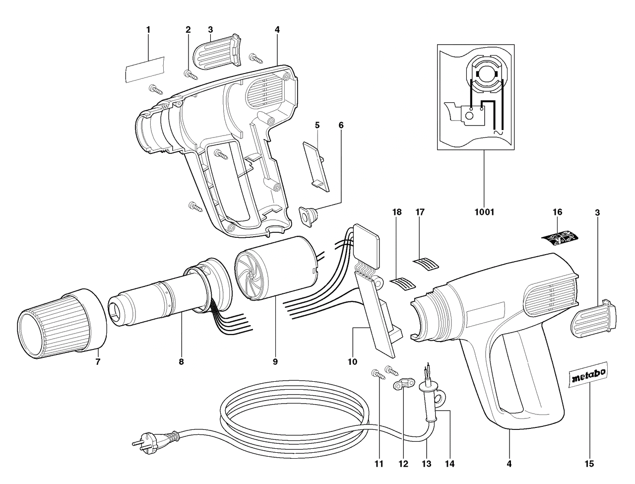 ЗАПЧАСТИ ДЛЯ ФЕНА ЭЛЕКТРИЧЕСКОГО ТЕХНИЧЕСКОГО METABO H 1600 (ТИП 01605000)