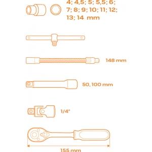 Набор сменных головок 1/4" 19 шт NEO 84-237