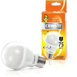 Лампа светодиодная A60 230 В 9 (75) Вт 2700K E27 теплый белый свет груша ECOWATT 4606400614838