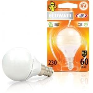Лампа светодиодная P45 230 В 6.2 (60) Вт 2700K E14 теплый белый свет шарик ECOWATT 4606400419259