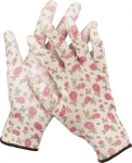 Перчатки садовые, прозрачное PU покрытие, 13 класс вязки, бело-розовые, размер L, GRINDA, 11291-L
